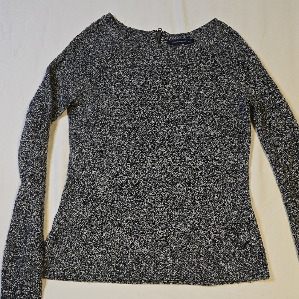 American Eagle Outfitters Womens XS Marled Knit Sweater Back‎ Zip Navy White